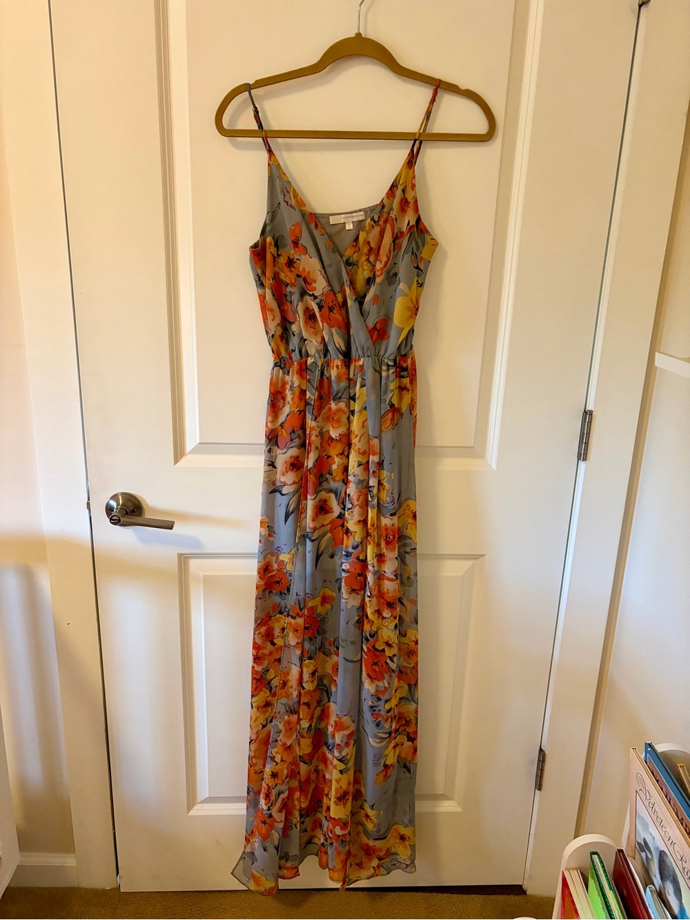 Lavender Brown Floral Wrap Maxi Dress - Gray with Orange & Yellow Blooms
